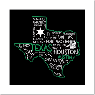 Austin Texas cute map San Antonio El Paso Dallas Laredo Waco TX state Posters and Art